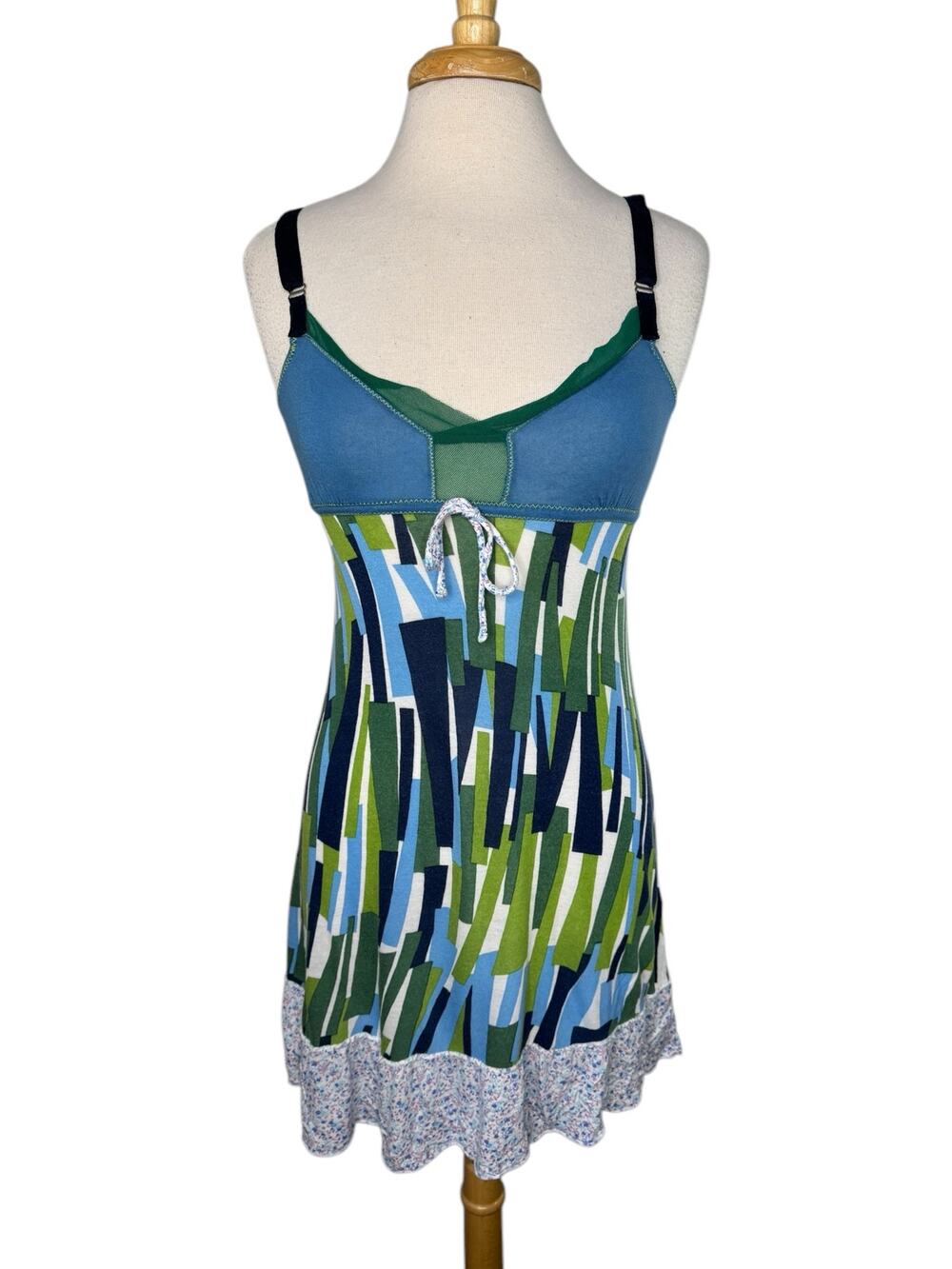 FREE PEOPLE Vintage Y2K Long Line Cami Tank Blue Green Size Small Mesh Viscose